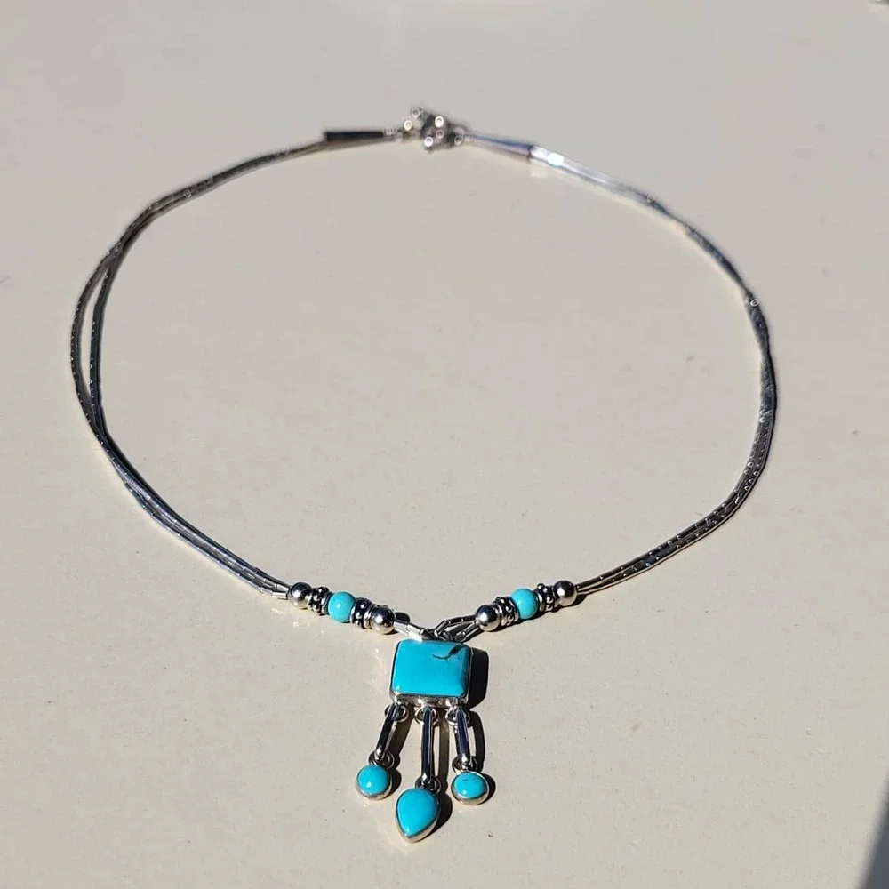 Vintage Q.T. 925 Sterling Silver Turquoise Liquid Silver Pendant Necklace